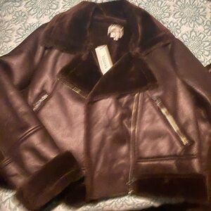 Vince Dark Brown Shearling-Trim Leather Jacket